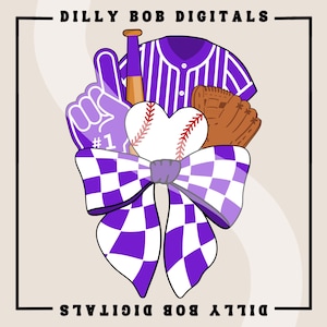 以下が含まれることがあります： 中央に野球ボール、バット、グローブ、ジャージが入った、紫と白のチェック柄のリボン。ジャージは白いストライプで、袖に「#1」と書いてあります。画像の上部と下部には「DILLY BOB DIGITALS」というテキストがあります。