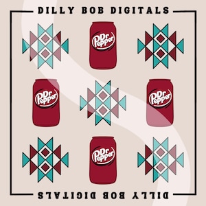 May include: A digital illustration of a red Dr Pepper can with the text "Dr Pepper" in white. The can is surrounded by a pattern of teal and maroon triangles. The text "DILLY BOB DIGITALS" appears at the top and bottom of the image.