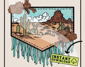 Fringe Desert Scene PNG Digital Download + Bonus Design | Checkered | Western Design | Tooled Flowers | Cactus | Saguaro | Fringe Frame