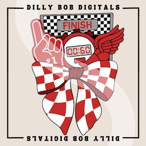 May include: A red and white checkered bow with a red number one, a red winged figure, and a red and white checkered finish line with a digital timer reading 00:60. The text "FINISH" is on the finish line.