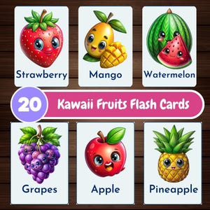 20 Kawaii Fruits Flash Cards, Printable Flash Cards, Fruits Printable, Learning Fruits, Kids Flash Card, Preschool Flash Card