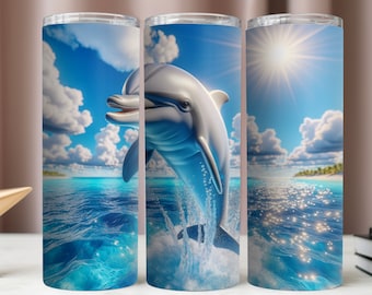 3D Cute Dolphin Tumbler Wrap PNG, Sea Tumbler Wrap, Tumbler 20oz Digital, Instant Download, 20oz Skinny Tumbler, Dolphin PNG File Wzory Tumblerów