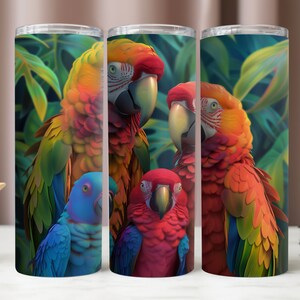 Vögel Becher wickeln, 3D-Papagei Becher PNG, Sublimationsdesign, bunte PNG Becher, sofortiger digitaler Download, 20 Unzen Skinny Tumbler, Papageien PNG