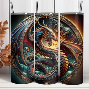 May include: A set of three stainless steel insulated tumblers with a detailed dragon design. The dragon is depicted in vibrant colors, including blue, red, and gold, set against a dark background. Each tumbler has a black straw and a lid.