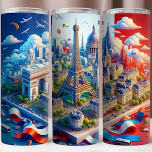 Emballage de verre de Paris, monuments de Paris 20 oz PNG, Design coloré en sublimation 3D, emballage de verre numérique, téléchargement immédiat, 300 DPI numérique PNG