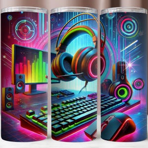 May include: A colorful, neon-themed tumbler featuring a computer monitor, keyboard, headphones, and speakers. The design is reminiscent of a gamer's setup.