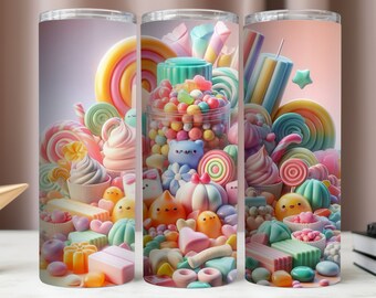 May include: Three colorful stainless steel tumblers with a whimsical design featuring a variety of candies, lollipops, and cupcakes. The tumblers are perfect for holding beverages and adding a touch of sweetness to any occasion.