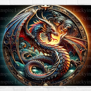 May include: A detailed illustration of a dragon within a circular frame. The dragon features blue, red, and gold scales, with outstretched wings. The artwork has a fantasy theme, with intricate details and a vibrant color palette. The background is dark with a golden border.
