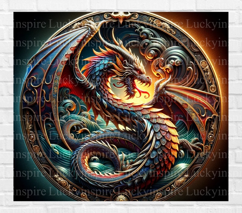 May include: A detailed illustration of a dragon within a circular frame. The dragon features blue, red, and gold scales, with outstretched wings. The artwork has a fantasy theme, with intricate details and a vibrant color palette. The background is dark with a golden border.