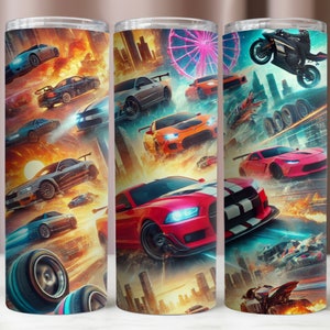 Schnelle Autos Tumbler Wrap, Action-Filme Tumbler 20Oz PNG, Autos Sublimation Design, sofortiger digitaler Download, 20Oz Tumbler Mockup, 300 DPI PNG-Dateien