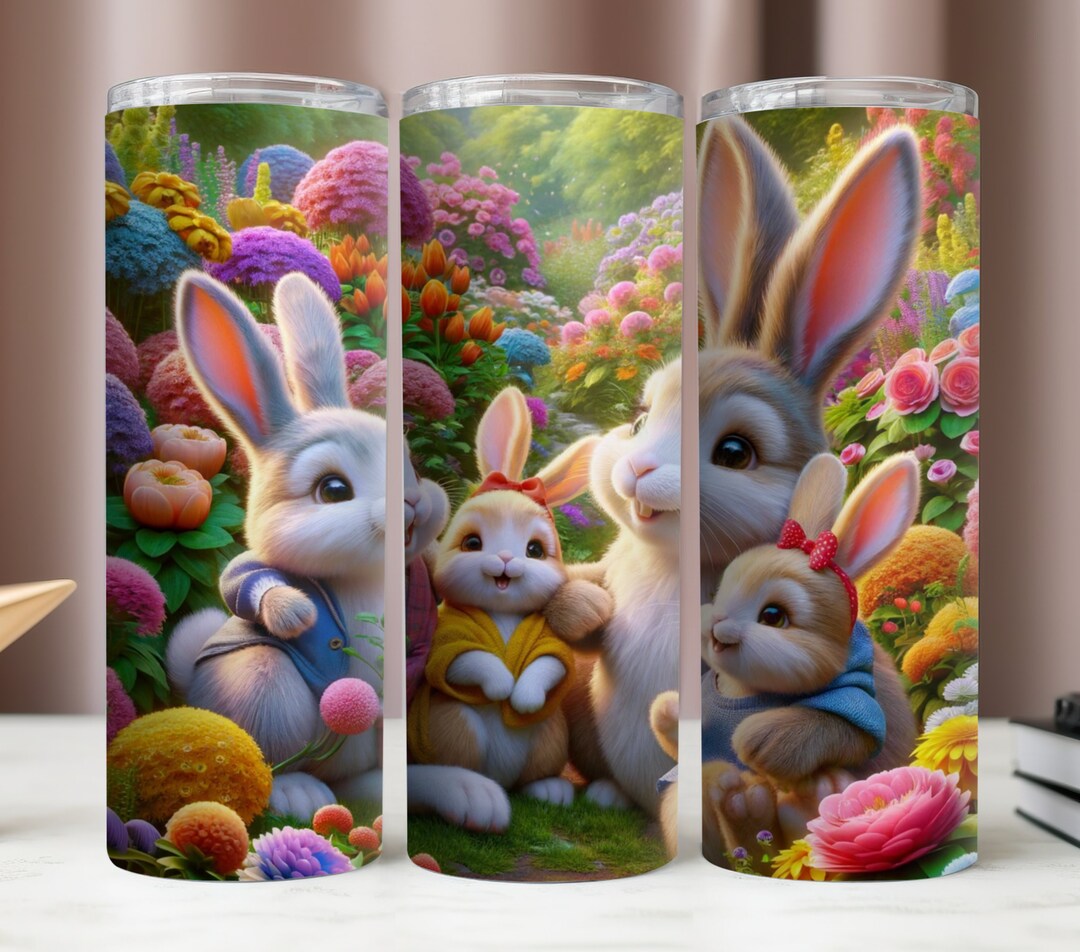 Tumbler Wrap Rabbits,rabbit Family in Flowers Garden Colorful PNG ...