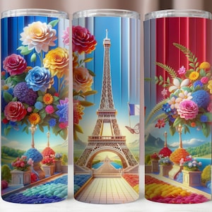 Emballage de verre Tour Eiffel, fichier de fleurs colorées Tour Eiffel, Design par sublimation, emballage de verre numérique, téléchargement immédiat, 300 DPI numérique PNG