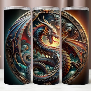 May include: A set of three stainless steel insulated tumblers. Each tumbler features a detailed dragon design with vibrant colors, including blue, red, and gold, set against a dark background. The dragon is framed within an ornate circular border.