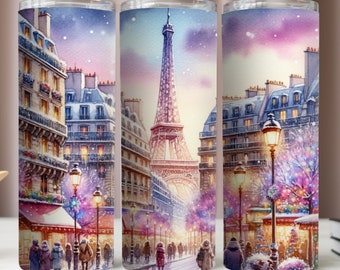 Winter In Paris Tumbler Wrap,Eiffel Tower Snow Tumbler 20Oz Sublimation Design,Tumbler 20Oz Digital,Instant Download PNG,20Oz Skinny Tumbler