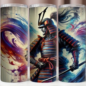 May include: A colorful abstract design with a samurai warrior in the center. The warrior is wearing traditional armor and holding a sword. The background is a mix of blue, purple, and orange.