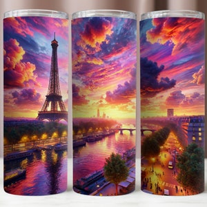 Emballage de verre coucher de soleil Paris, tour Eiffel Paris paysage verre 20 Oz PNG, téléchargement numérique instantané, motifs par sublimation, maquette de verre 20 Oz