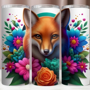 Fox Tumbler Wrap,Fox And Flowers 20Oz Tumbler PNG,Colorful 20Oz Tumbler Instant Digital Download File,20Oz Skinny Tumbler,Sublimation Design