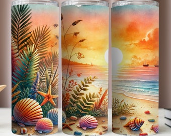 Beker wrap strand zonsondergang, beker aquarel zonsondergang, beker png, sublimatieontwerpen, magere beker van 20 oz, beker 20 oz mockup, instant digitale download