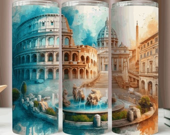 Rome Tumbler Wrap,Rome Landmarks Tumbler 20Oz PNG,Rome Italy Watercolor Arts PNG,Sublimation Design,Instant Download PNG,20Oz Skinny Tumbler