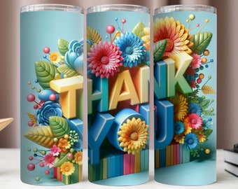 Thank You Tumbler Wrap,3D Colorful Thank You Sublimation Design,Tumbler 20oz Digital,Instant Download,Tumbler PNG Wrap,20oz Skinny Tumbler