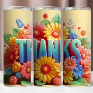 Bedankt bekerverpakking 20 oz, kleurrijke 3D-bedankjes en bloemen bekerverpakking, sublimatieontwerpen, instant digitale download png, 20 oz bekermodel
