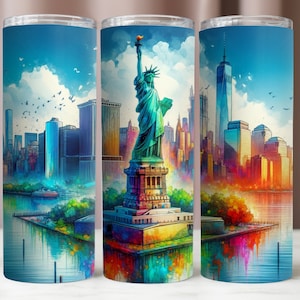 Involucro per bicchiere con paesaggio di New York City, involucro per bicchiere da 20 once con Statua della libertà, design PNG ad acquerello, bicchiere sottile da 20 once, download digitale istantaneo