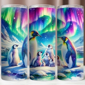 Pingüino envolvente de vaso, diseño de sublimación de pingüinos y auroras boreales, pingüinos descarga digital instantánea PNG, maqueta de vaso de 20 oz, PNG de 300 DPI