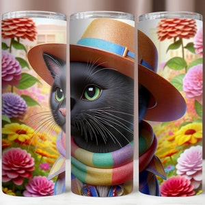 Black Cat Tumbler Wrap,Cute Cat With Flowers PNG,Cat Tumbler Sublimation Designs,20oz Skinny Tumbler,Instant Download,Tumbler 20oz Digital