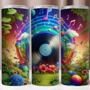 Tumbler Wrap Musik, Schallplatte im Garten Bunte Tumbler 20Oz PNG-Datei, Sublimation Design, sofortiger digitaler Download PNG, 20Oz Skinny Tumbler