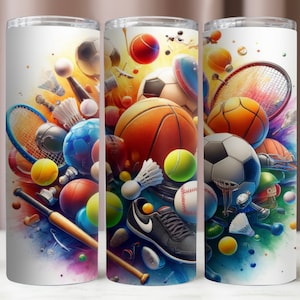 Tumbler wrap sportuitrusting, aquarel sportsymbolen 20 oz beker png, sublimatieontwerp, 20 oz magere beker, instant digitale download png