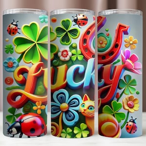 Porte-gobelet porte-bonheur 3D symboles de la chance, verre 20 oz PNG, modèles PNG pour sublimation, verre 20 oz numérique, téléchargement immédiat PNG, verre maigre 20 oz