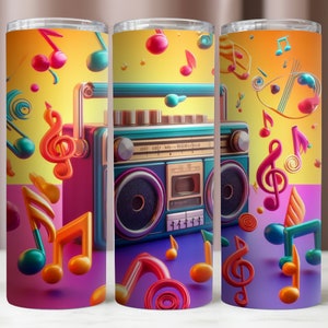 Radiokassettspelare Tumbler Wrap, Retro Musik 20Oz Digital PNG, Färgglad Sublimeringsdesign, Omedelbar Digital Nedladdning PNG, 20oz Tumbler Mockup