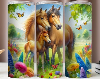 Adesivo para Copo Térmico com Cavalos, Adesivo para Copo Térmico de 590ml com Família de Cavalos em PNG, Designs para Sublimação, Copo Térmico com Pônei em PNG, Download Digital Instantâneo em PNG, Mockup de Copo Térmico de 590ml