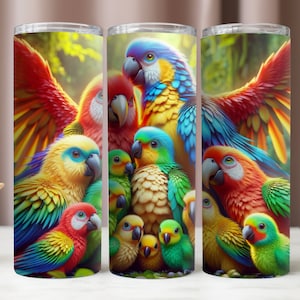Papageien Tumbler Wrap, bunte Vogel-Familie PNG sofortiger Download, Sublimation Designs, 20 Unzen Tumbler Mockup, 20 Unzen Digital, Papagei PNG-Datei