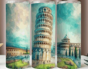 Turm von Pisa Becherverpackung, Italiens Wahrzeichen 20Oz PNG, Aquarell Kunst PNG, Sublimationsdesign, sofortiger Download PNG, 20Oz Skinny Tumbler