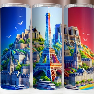 Emballage de gobelet France, France monuments 20 Oz gobelet PNG, Sublimation colorée, emballage de verre numérique, téléchargement immédiat, fichier numérique 300 DPI