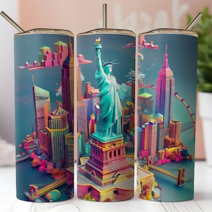 Envoltório de copo 3D de Nova York, envoltório de copo da Estátua da Liberdade, design de sublimação de marco de Nova York, download digital instantâneo, modelo de copo de 20 onças