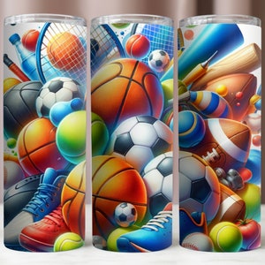 Envoltura para vaso de equipo deportivo, envoltura para vaso de 20 oz con símbolos deportivos coloridos, descarga digital instantánea, diseño de sublimación, maqueta de vaso de 20 oz