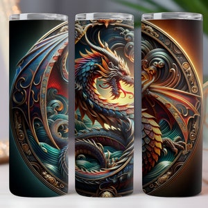 May include: A set of three stainless steel insulated tumblers. Each tumbler features a detailed, colorful dragon design within an ornate circular frame. The dragons have red, blue, and gold scales, with a dark background. The tumblers are designed to keep drinks hot or cold.