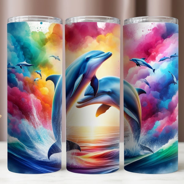 Gobelet enveloppant les dauphins, design PNG coloré, gobelet mince 20 oz, motifs par sublimation, gobelet droit 20 oz numérique 20 oz, téléchargement immédiat