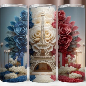Emballage de gobelet Tour Eiffel, fichier numérique Tour Eiffel, fleurs de la Tour Eiffel 3D PNG, Design par sublimation, téléchargement immédiat PNG, verre maigre 20 Oz