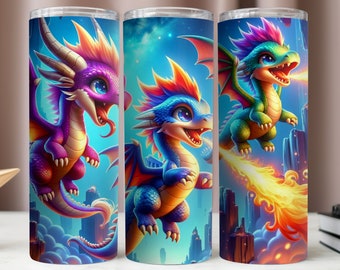 Colorful 3D Fire Dragons Tumbler Wrap, 20oz Skinny Tumbler (Digital Download)