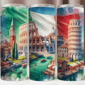 Bekerverpakking Italië, beker met Italiaanse monumenten 20 oz png, Italië aquarelkunst png, sublimatieontwerp, instant download png, magere beker van 20 oz
