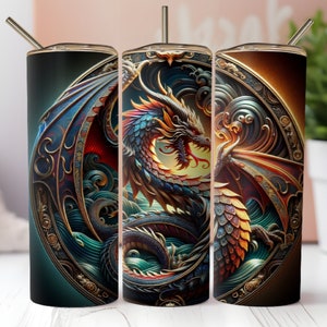 May include: A set of three stainless steel insulated tumblers with a detailed dragon design. The dragon features blue, red, and gold scales, with intricate wing and body details. Each tumbler has a straw and a decorative border.