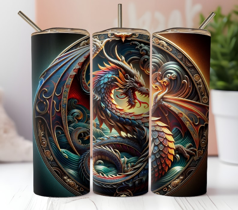 May include: A set of three stainless steel insulated tumblers with a detailed dragon design. The dragon features blue, red, and gold scales, with intricate wing and body details. Each tumbler has a straw and a decorative border.