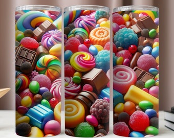 May include: Three colorful candy-themed tumblers with a variety of candies, lollipops, and chocolate bars. The tumblers are clear with a white lid.