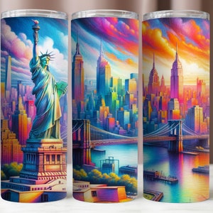 New York Tumbler Wrap, Tumbler con paesaggio urbano colorato PNG, New York PNG, Download PNG digitale istantaneo, Tumbler 20Oz Mockup, Tumbler magro 20Oz