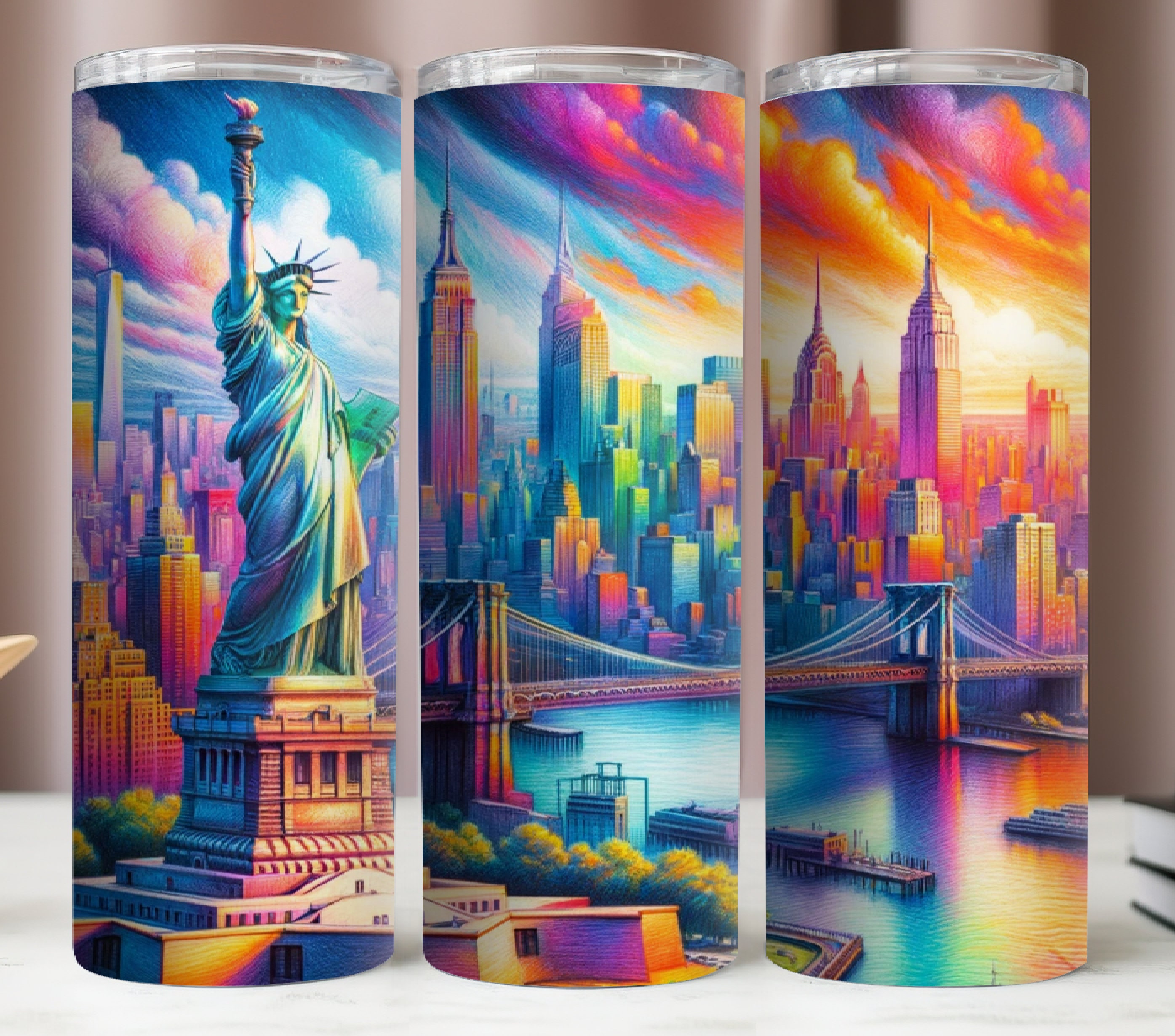 New York Tumbler Wrap,Colorful City Landscape Tumbler PNG,New York PNG,Instant Digital PNG Download,Tumbler 20Oz Mockup,20Oz Skinny Tumbler