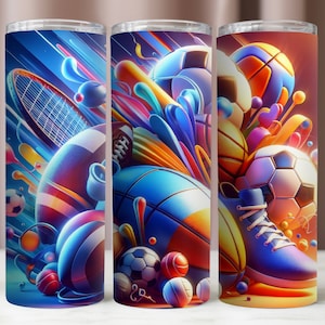 Sportowe symbole Tumbler Wrap,Kolorowy sprzęt sportowy 20Oz Tumbler Wrap,Wzór sublimacji,20Oz Skinny Tumbler,Natychmiastowe pobieranie pliku cyfrowego