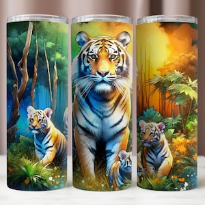 Tigers Tumbler Wrap,Tigers Family In a Jungle,Colorful PNG Designs,Sublimation Design,20oz Skinny Tumbler,Instant Digital Download PNG